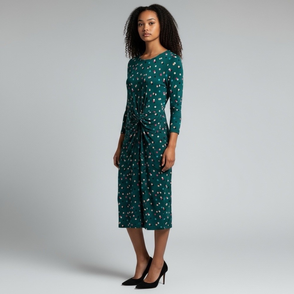 Boden Rosalie Twist Jersey Dress US Sz 10 R Green Polka Dot Midi Soft Stretch